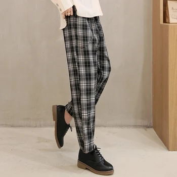 

Brief Woman's Fashion 2019 Autumn Trousers High Waist Casual Korean Pants Cotton Linen Plus Size Plaid Harem Pants