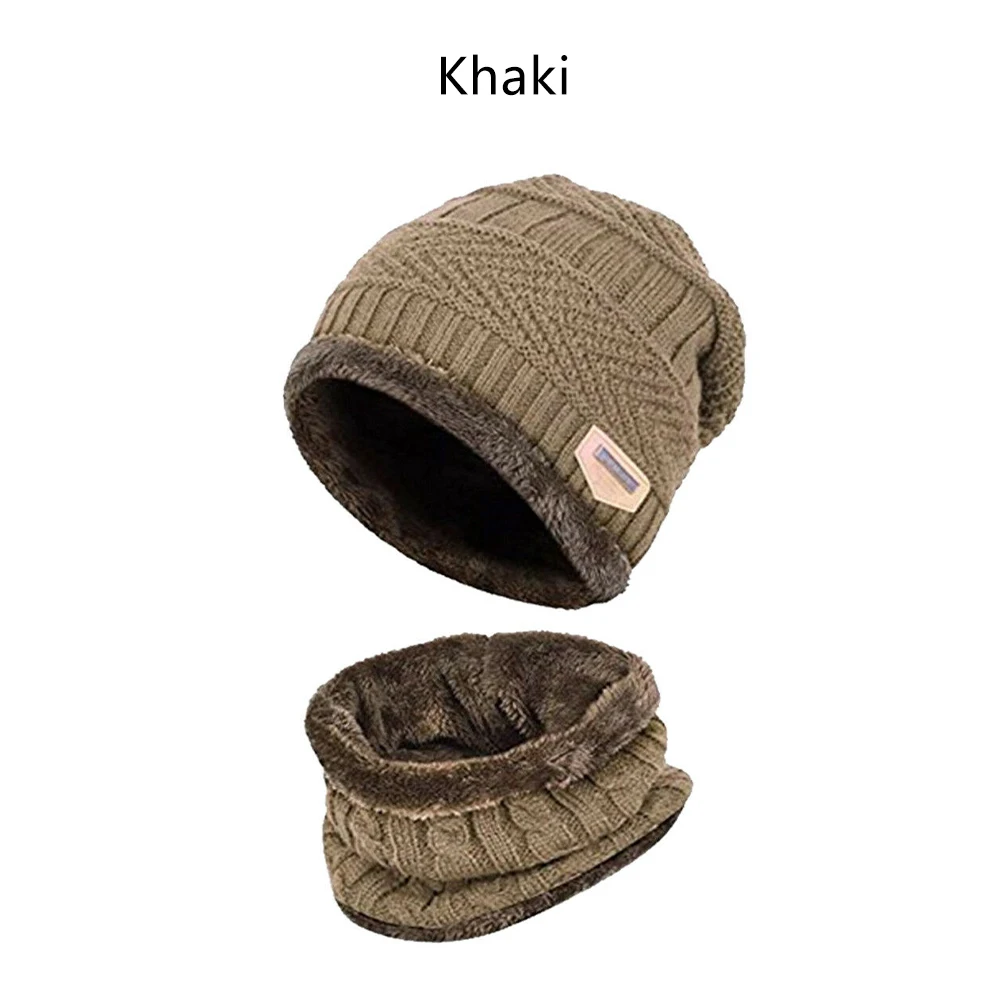 khaki Модная Повседневная теплая зимняя шапка, вязаная шапка, шарф, шапка, зимние шапки для мужчин, вязаная шапка, мужская шапка, вязаная шапка, мягкая ткань, теплая - Цвет: khaki