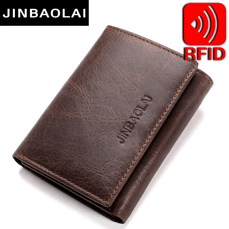 

RFID Genuine Leather Wallets 3 Fold Soft Male Purse 2 Color Cow Leather Handmade Wallets Credit Card Holder Carteira Purses Bags