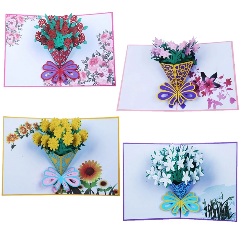  3D Pop Up Rose Flowers Greeting Card Christmas Birthday New Year Invitation E65B - 4000265507337