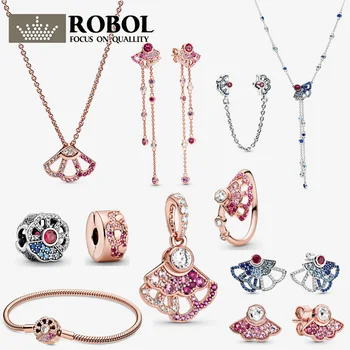 

Original 925 Sterling Silver Necklace Pendant Charm Earrings NEW LIMITED EDITION Blue & Pink Fan Series Jewelry Free Shipping
