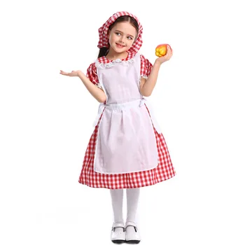 

American Last Century Farm Costume Halloween Fairy Tale Cosplay Lace Red Plaid Beer Outfit Little Maid Child Girl
