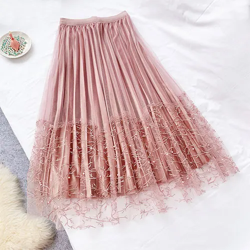Женская плиссированна длинная юбка TIGENA, кружевная украшенная бусинами юбка из бархата и тюля для женщин на осень-зиму - Цвет: Розовый