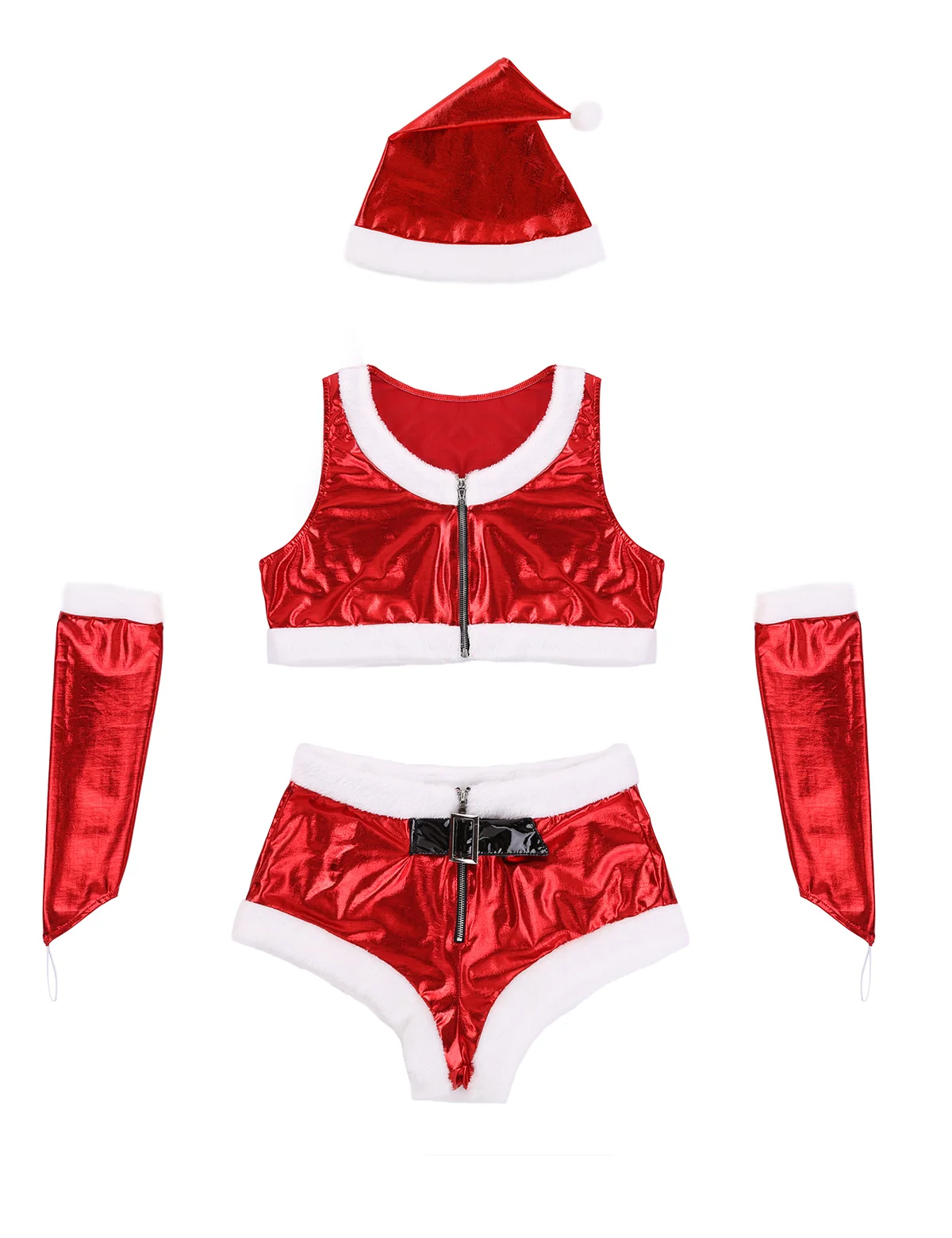Женский карнавальный костюм Санта-Клауса, Рождественский нарядный наряд, блестящий металлический укороченный топ и шорты, Новогодняя одежда для ролевых игр - Цвет: Red