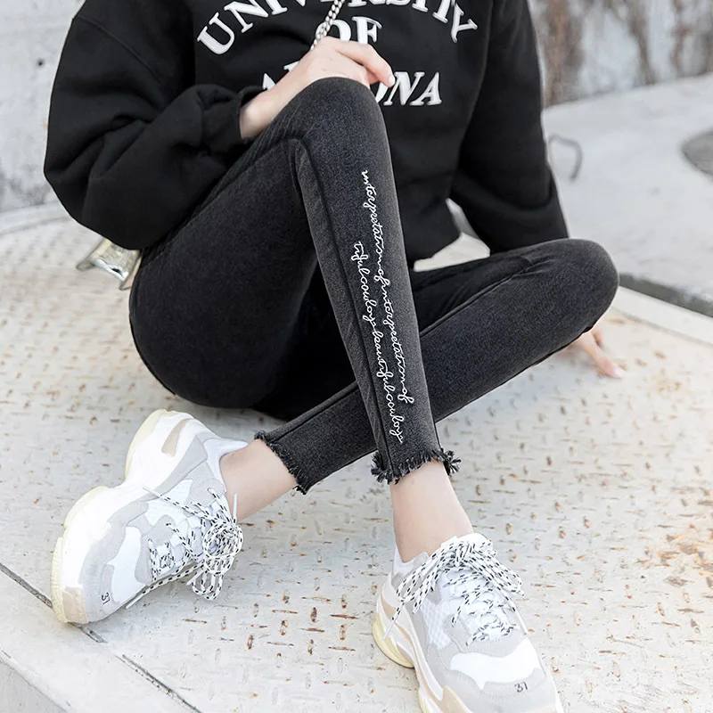 Embroidery Jeans High Elastic Boyfriend Jeans Female Washed Denim Skinny Female Printed Pencil Pants Ripped Streetwear Trousers Embroidery Jeans High Elastic Boyfriend Jeans Female Washed Denim Skinny Female Printed Pencil Pants Ripped Streetwear Trousers