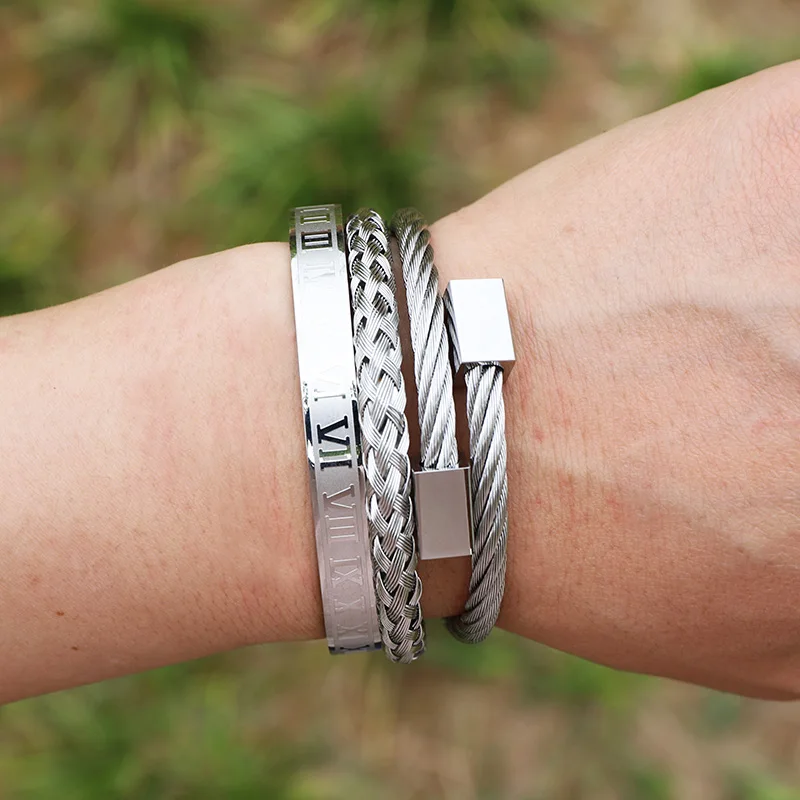 New Arrival High Quality Men Jewelry Bangle Bracelet Stainless Steel Roman Wire Twist Steel Bracelet Men