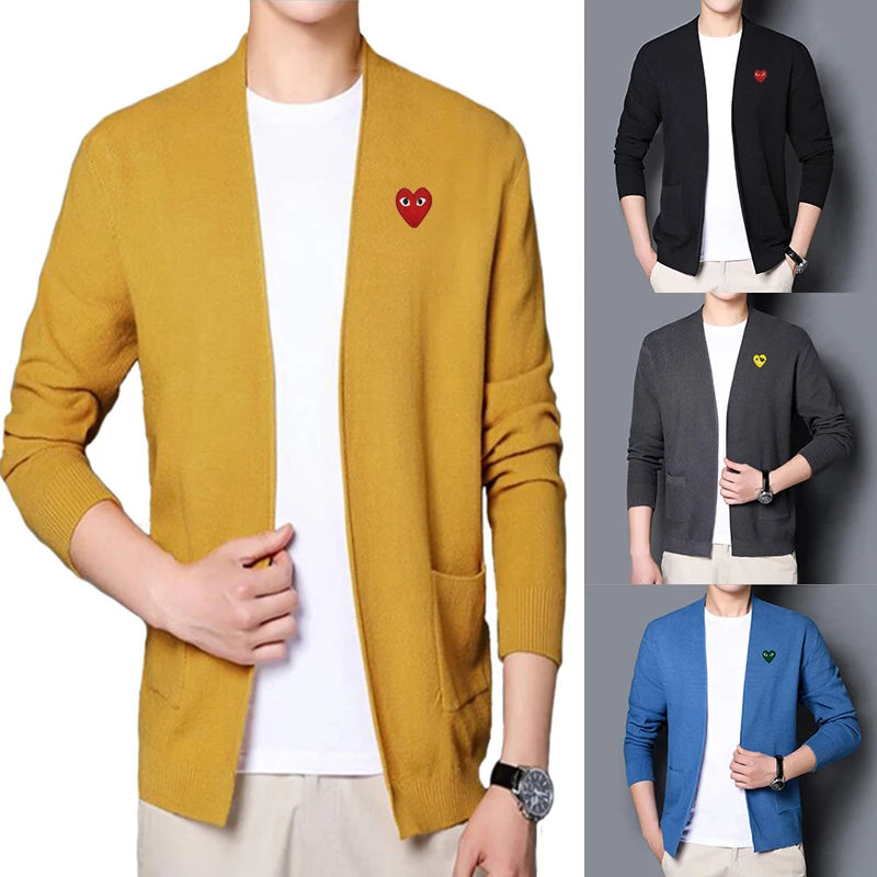Have Eyes-cárdigan de algodón con cuello en V para hombre, Jersey fino de punto con bordado de corazón, cuello en V, cuello en V, color sólido, primavera y otoño