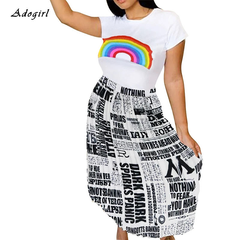 Newspaper Print Pleated Skirts Set Casual Rainbow T Shirts Top With Two Piece Fashion Streetwear Women Sets |