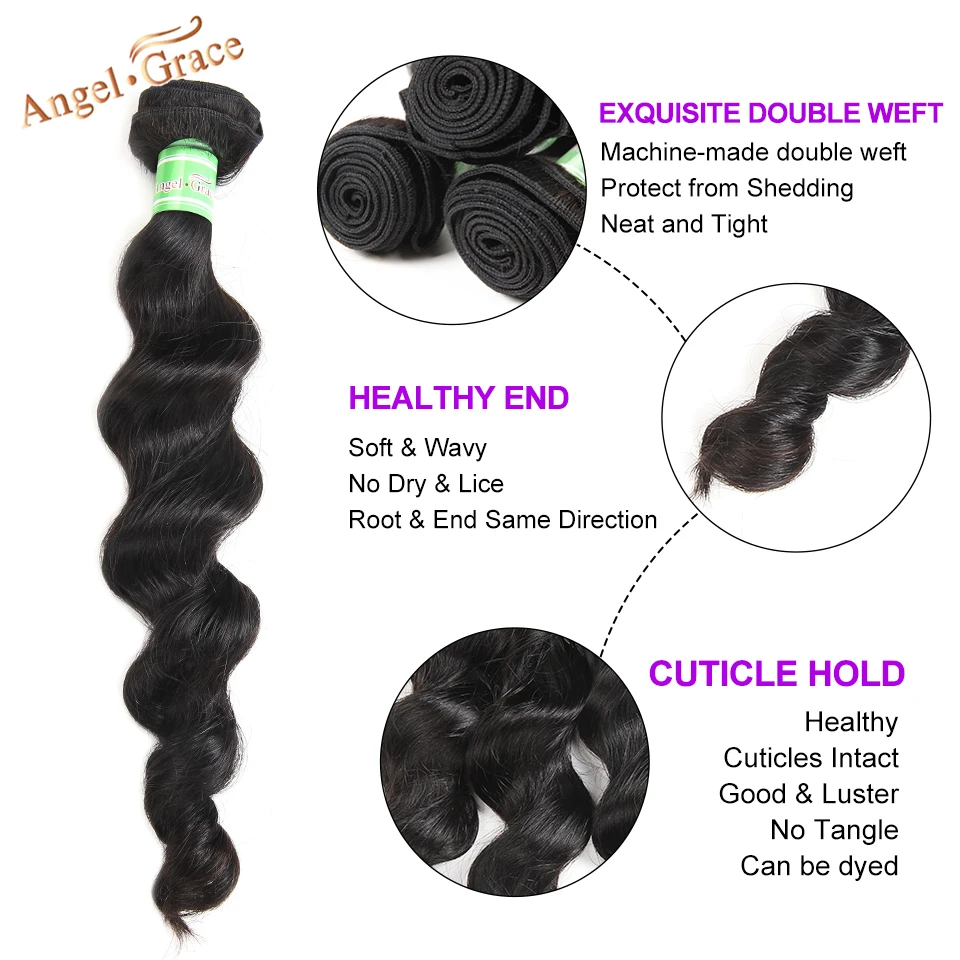 Angel Grace Hair Brazilian Loose Wave Hair Bundles 4 Pcs 100% Human Bundles Natural Color Remy Extensions 10-28 Inch