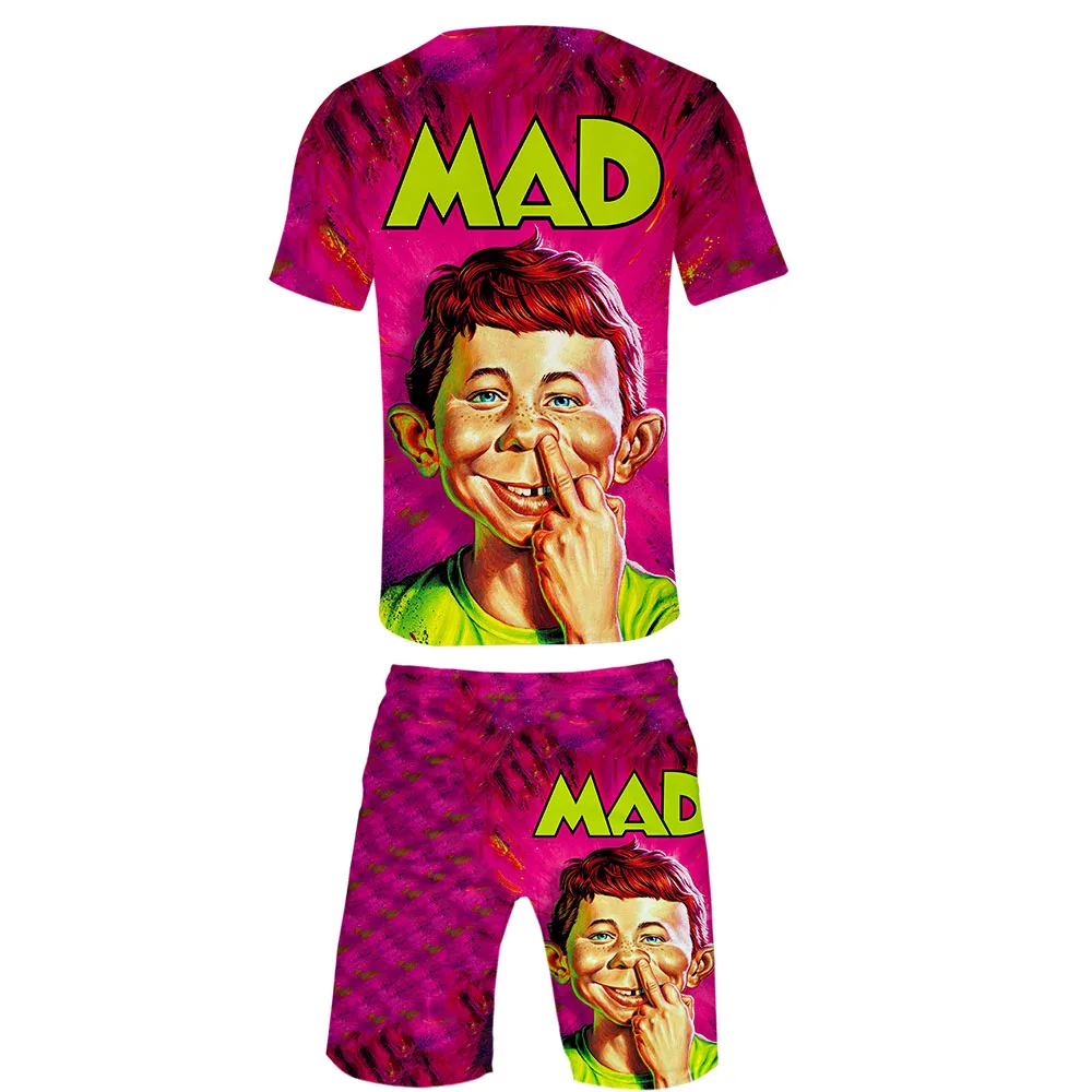 3D крутой модный стиль MAD magazine 3D верхняя одежда Harajuku уличная комплект из двух предметов летняя футболка с круглым вырезом+ шорты мужские комплекты харадзуки
