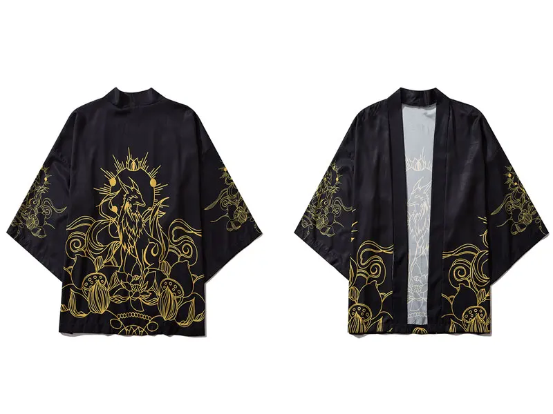 GONTHWID цветы лотоса печати японское кимоно Кардиган Куртка Пальто Harajuku Хип Хоп повседневные свободные топы уличная рубашка куртки - Цвет: Black