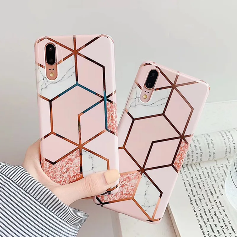 

Luxury Electroplated Geometric Marble Texture Cover Cases For Huawei P30 P20 Mate 20 30 Pro Lite Nova 4 4e 5 5 Pro Soft IMD Capa