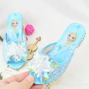 

Elsa Princess Kids Leather Shoes For Girls Casual Glitter slip on Children low Heel Girls Shoes Knot Blue Pink Silver Slipper