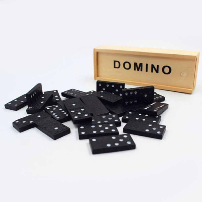 CHILDREN'S WOODEN BOXED DOMINOES SET Toy Traditional Classic Kids Fun Black 