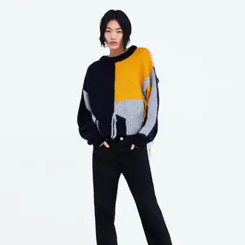 

ZA Autumn Winter Sweater Women Fashion Fringed Contrast Knit Sweaters Round Neck Long Sleeve Patchwork Pullover 2019 New