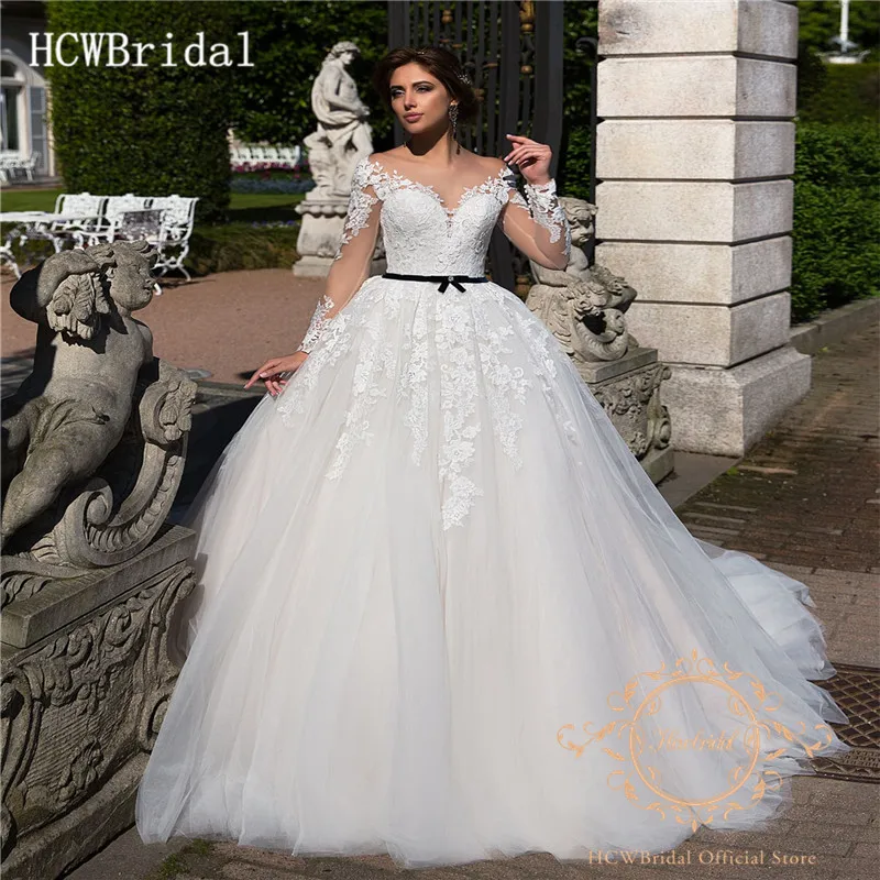 

Long Sleeves Wedding Dresses 2019 High Quality Lace Sheer Back Sweep Train Princess Bridal Dress Customize Robe De Mariage