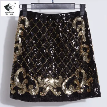 

LPSK European Station Fashion Women's Double-Sided Plaid Skirt Sequin Heavy Work Hip Skirt Women pencil skirt pleated skirt