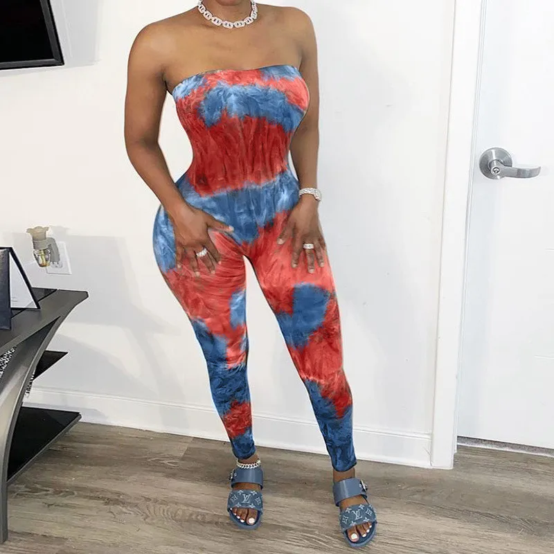 

AA Sexy Women New Off Shoulder Strapless Jumpsuit One-piece Tie Dyeing Print Bodycon Slim Summer Rompers Causal Long Trousers
