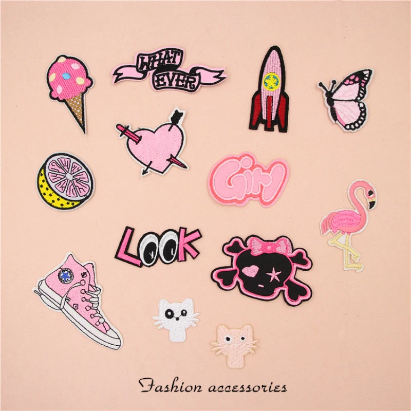 pink set 14pcs Random Mix DIY Cartoon Pattern Iron-On Patches Embroidery Cloth Chapter Decorative Stickers scrapbook - Цвет: pink set 14pcs