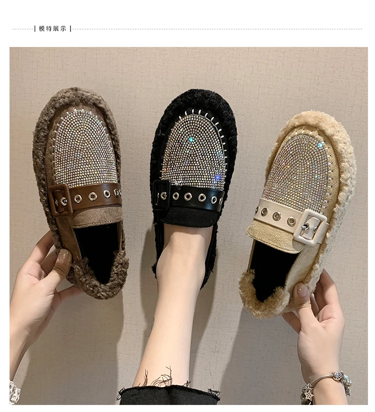 Korean Shoes Women All-Match Casual Female Sneakers Women's Moccasins Round Toe Autumn Loafers Fur Flats Crystal New Fall