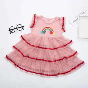 

2020 Summer Little Girls Rainbow Dress Sleeveless Lace Ruffle Pattern Mesh Multi-Layer Back Zipper Up Cute Sweet Princess Dress