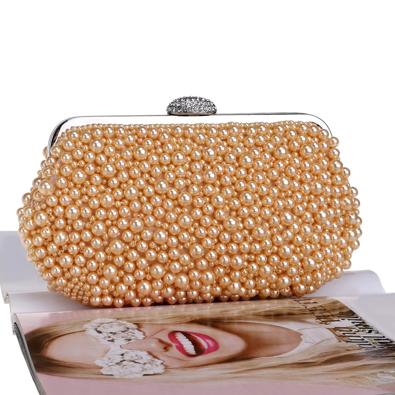 Embroidery Beaded Women Evening Bag Chain Diamonds Metal Pearl Wedding Handbags Clutch Party Purse Vintage Holder