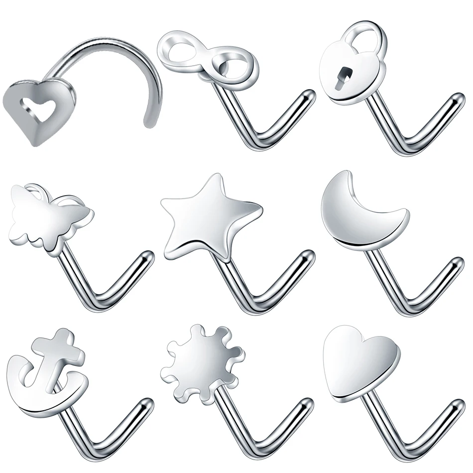 

1PC/lot Surgical Steel Nose Stud Hollow Heart Star Moon Screw Nose Ring 20G Nose Piercing L Shape Percing Nez Sexy Body Jewelry