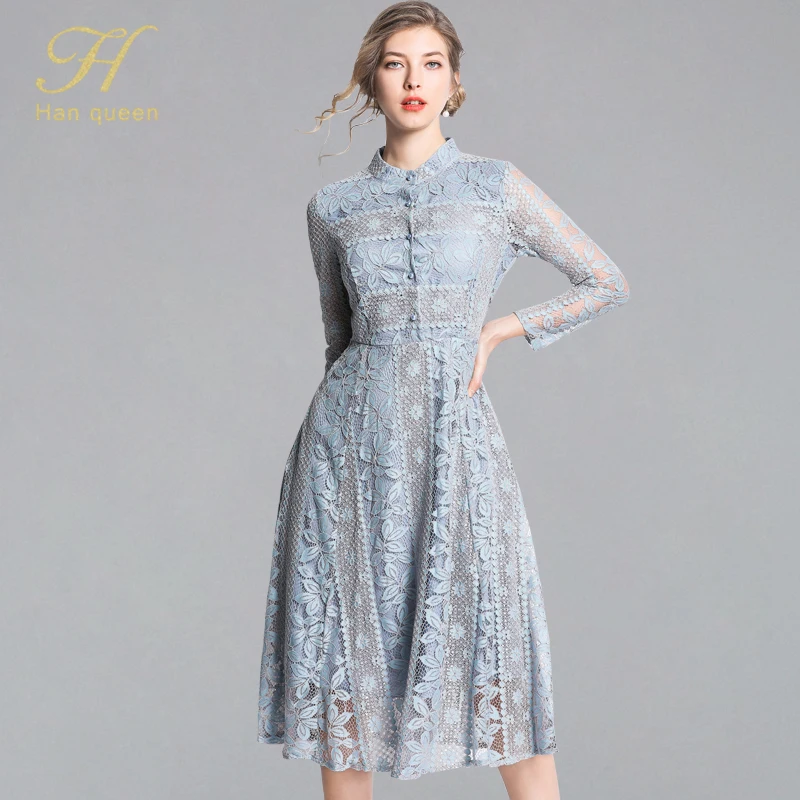 

H Han Queen New Arrival 2019 Spring Lace Dress Fashion Vintage Floral Hollow Out Luxury Elegant Slim Women Evening Party Dresses