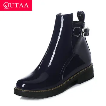 

QUTAA 2020 PU Patent Leather Autumn Winter Square Middle Heel Women Shoes Round Toe Fashion Buckle Zipper Ankle Boots Size 34-43