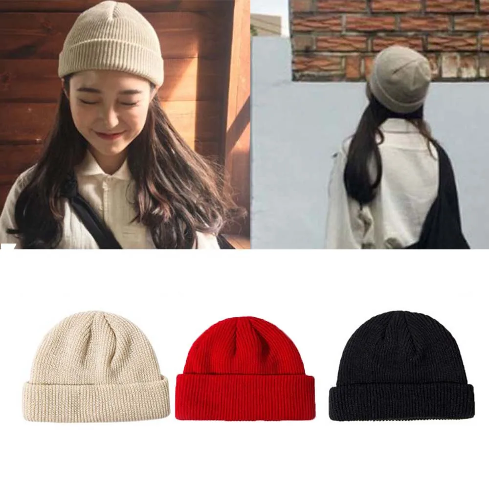 

2019 Fashion Autumn Winter Retro Dome Warm Men Women Beanie Hat Short Section Wool Ribbed Knit Cuffed Short Melon Cap