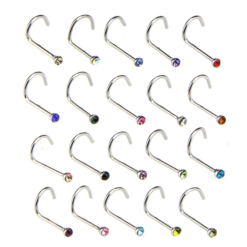 20pcs/lot Stainless Steel Crystal Rhinestone Nose Studs Hooks Bar Body