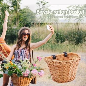 

Children Bicycle Rattan Basket Handle Bar Wicker Hand Woven Carrier Cycling Scooters Front Bag Pannier Kids Bike Cargo Storage