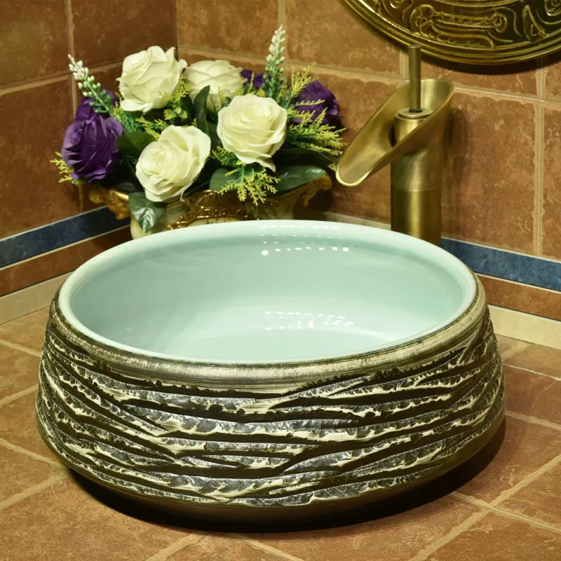 

Round above counter basin Chinese antique wash basin Jingdezhen counter basin wash basin creative hand washing