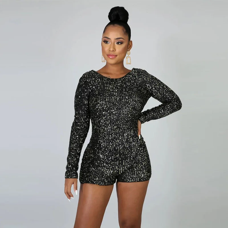 Черный Beyprern Glam комбинезон с длинным рукавом и открытой спиной, с блестками, женский комбинезон с блестками, комбинезон для рождественских праздников, клубная одежда - Цвет: Черный