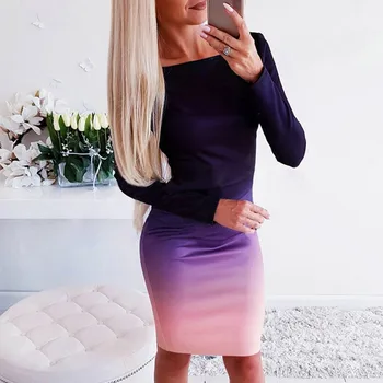 

New Autumn Women Dresses Sexy O Neck Gradient Print Slim Bodycon Office Lady Elegant Pencil Dress Hot Y2