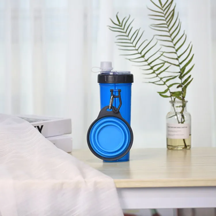 Blue Портативный 2 в 1 контейнер для воды для домашних животных, силиконовая бутылка для воды для домашних животных, миска для кормления, для путешествий, товары для кормления собак - Color: Blue