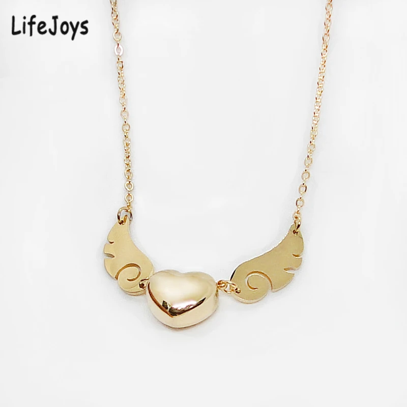 Heart Pendant Angel Wings Necklace Stainless Steel Guardian Angel Feather Clavicle Necklace Women Girl Jewelry Gold Silver Color