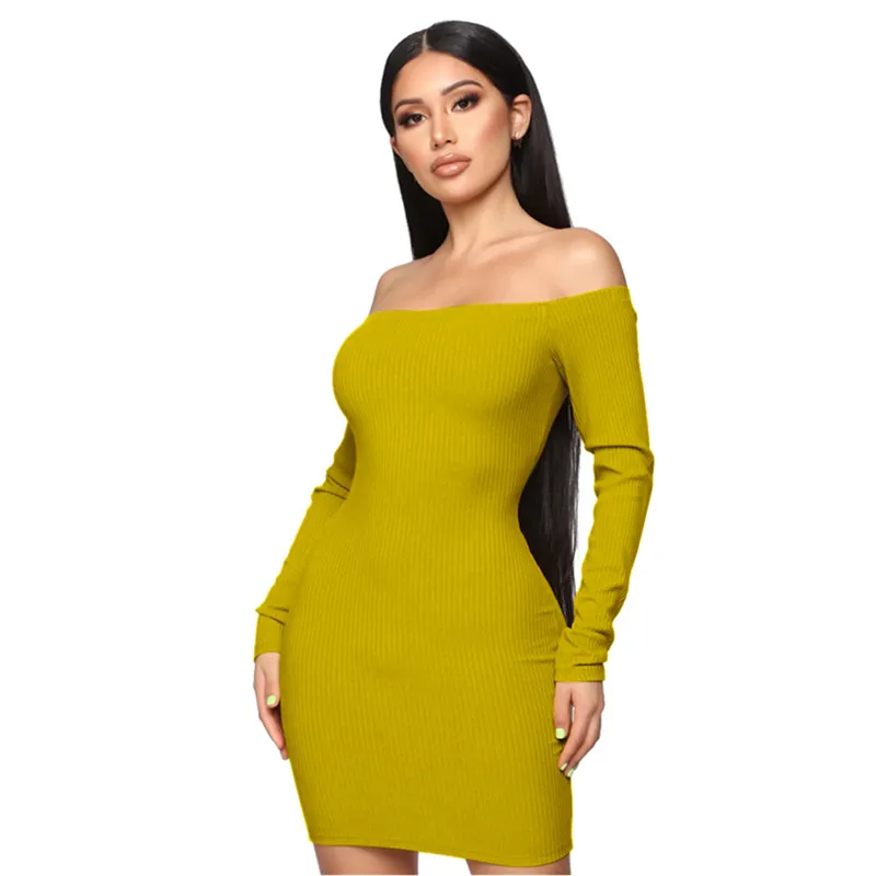 Sexy Slash neck Knitted Long Sleeve Autumn Dress Off Shoulder Slim Mini Club Party Night Dresses Vestidos Black White