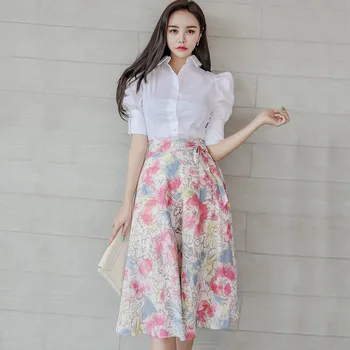 

New han edition cultivate one's morality both before and after wearing two-piece printed shirt jacket bust skirt suits female