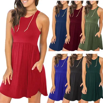 

OWLPRINCESS The new summer 2019 round collar sleeveless vest pure color dress