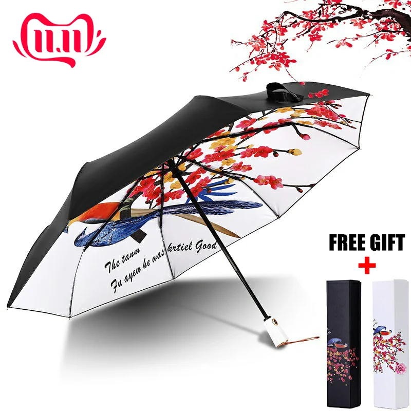 

Printed Three Folding Umbrella For Black Coating Anti-UV Sunscreen Parasol Automatic Windproof Dual-use Sunny And Rain Umbrellas