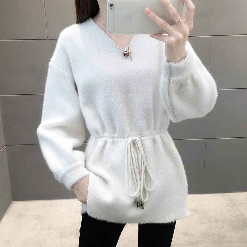 Mink like V-neck new waist sweater in winter women's fashion bottoming sweater-jd55 - Цвет: white