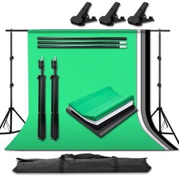 

Photo Studio Portable Adjustable Background Support Stand Kit Set 4Pcs 1.6x3M Photography Background Backdrops Cloth 3pcs Clamp