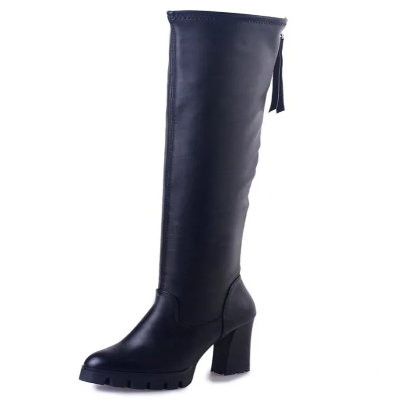 black Leather Women Long Tube Boots Over the Knee Boots Platform Sexy Female Autumn Winter Thigh High Boots Block Heels Botas Mujer - Цвет: black