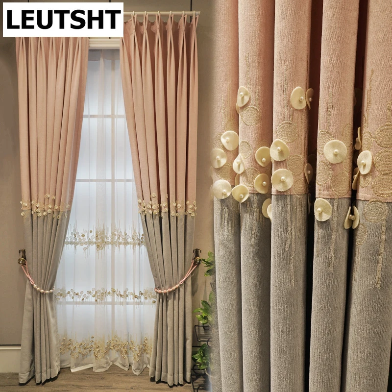 Embroidery Curtain for Living Dining Room Bedroom Pink Grey Splice Curtain Window Treatments Beads Window Drapes Sheer Finished lace curtains