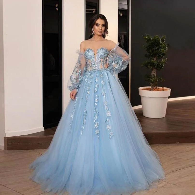Illusion Long Sleeves Evening Dresses Lace Appliqued 3D Floral Off the Shoulder Sweep Train Lace-up Back Formal Prom Gowns