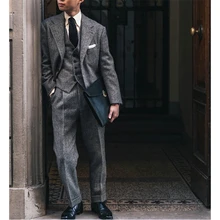 Шерстяные серые мужские костюмы в стиле ретро, в елочку, на заказ, мужской костюм, Блейзер, костюмы для мужчин, 3 предмета(пиджак+ брюки+ жилет