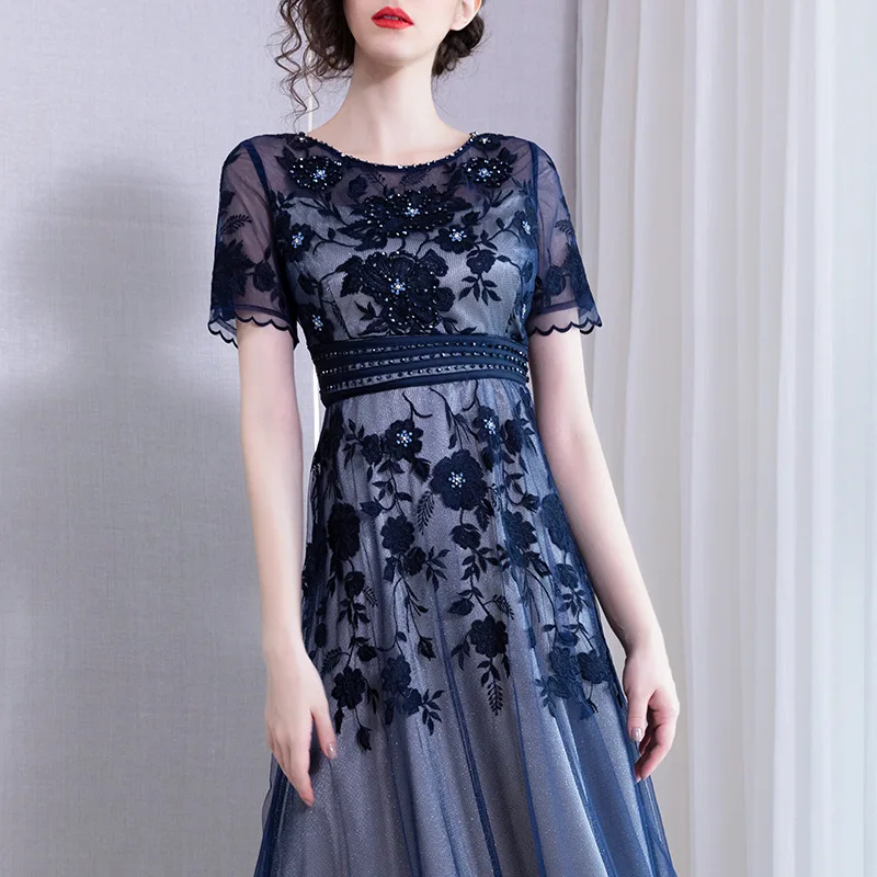 

2019 Summer Dress Heavy Industry Embroidery Diamond Elegant Round Neck Mesh Big Pendulum Dress Long Money Dress Women's Wear