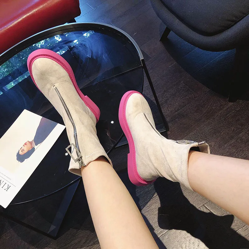 Женские ботинки; женская обувь на молнии; Botas; chaussures femme; женская обувь с круглым носком; обувь на низком каблуке; Botas Mujer; смешанные цвета