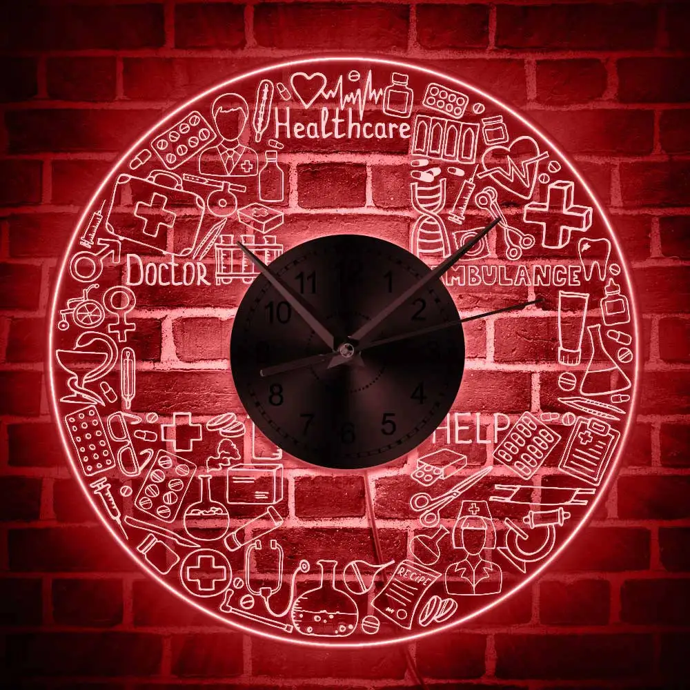 Healthcare Hospital Red Cross Decor LED Luminous Wall Clock Heartbeat
